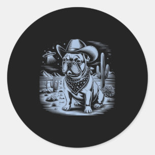 Pegatina Redonda Cowboy divertido Bulldog francés Ufo Vintage Weste