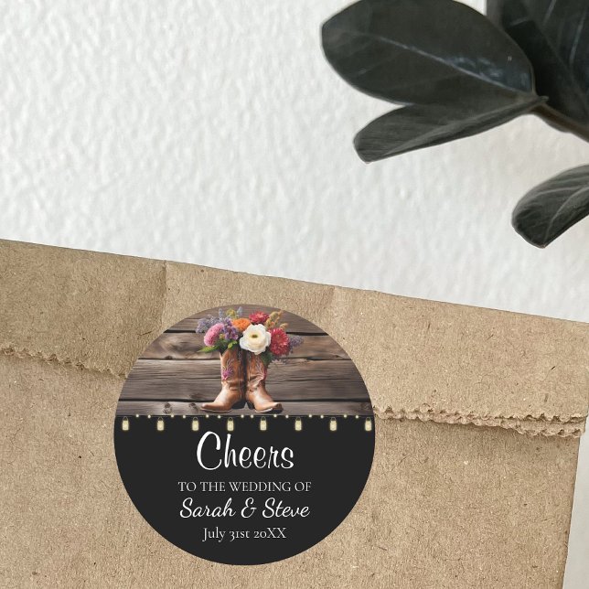 Pegatina Redonda Cowboy Occidental boots Floral Elegante Mason Jar (Rustic Wedding Favor Sticker Wildflower Cowboy Boots Ranch)