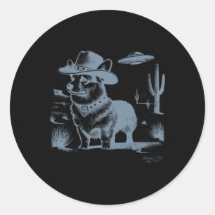 Pegatina Redonda Cowboy occidental Corgi Ufo vintage divertido de l