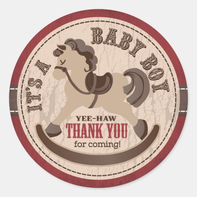 Pegatina Redonda Cowboy Rocking Horse Western Baby Shower (Anverso)