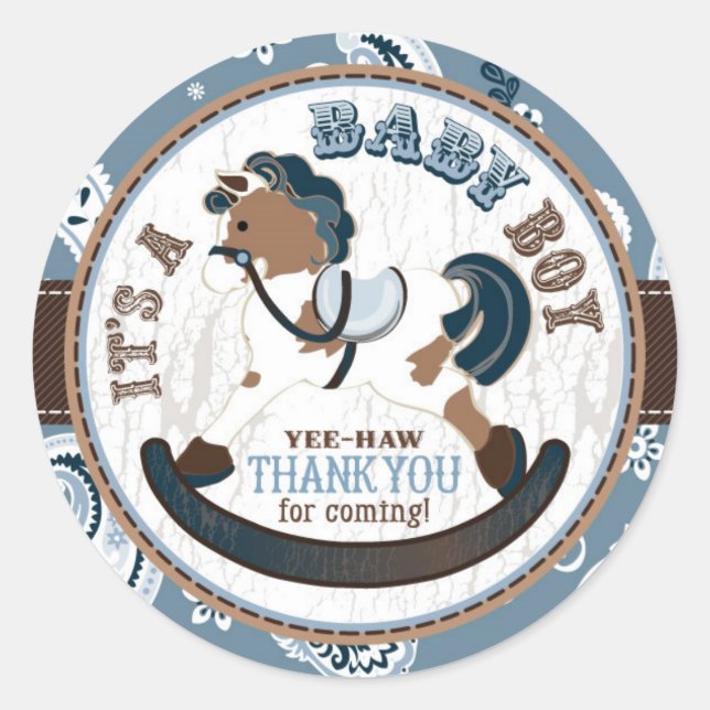 Pegatina Redonda Cowboy Rocking Horse Western Baby Shower (Anverso)