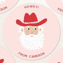 Pegatina Redonda Cowboy Santa Claus Christmas Custom Text Pink