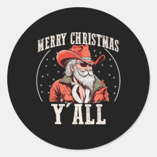 Pegatina Redonda Cowboy Santa Claus Feliz Navidad Y'all Western C