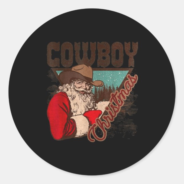 Pegatina Redonda Cowboy Santa Claus Merry Christmas Western Country (Anverso)