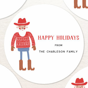 Pegatina Redonda Cowboy Santa Claus Navidad