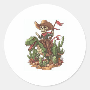 Pegatina Redonda Cowboy Skull Jurásico - Dino Rodeo divertido