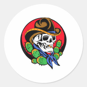 Pegatina Redonda Cowboy Skull Oeste Tattoo Artista Tradicional