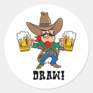 Pegatina Redonda Cowboy sosteniendo cerdas de cerveza