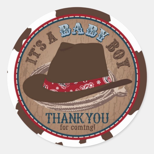 Pegatina Redonda Cowboy Stetson Gorra Western Baby Shower (Anverso)