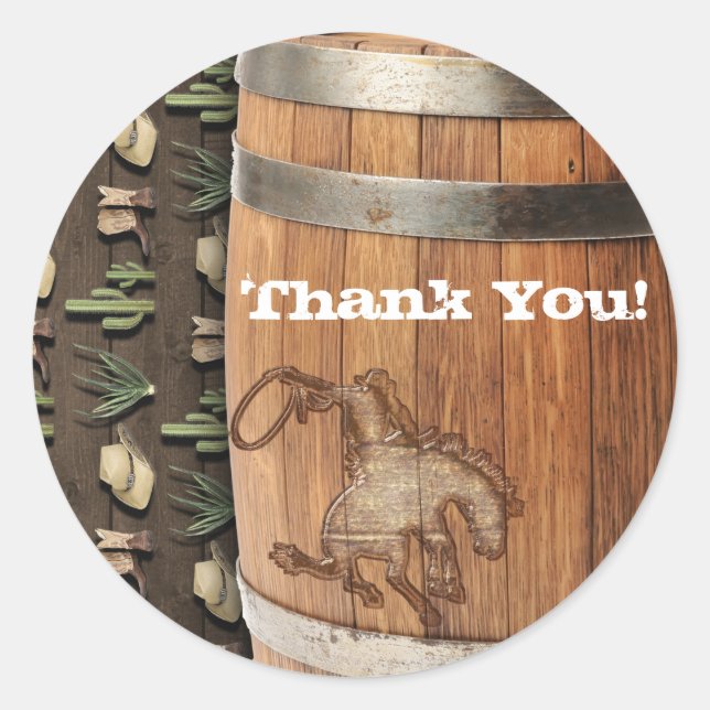 Pegatina Redonda Cowboy Western Rodeo Wooden Barrel Birthday PARTID (Anverso)