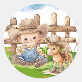 Pegatina Redonda Cowboy y un pony Horse Boy Baby Shower