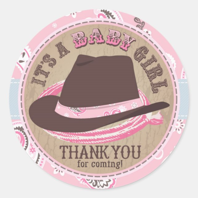 Pegatina Redonda Cowgirl Cowboy Gorra Western Baby Shower (Anverso)