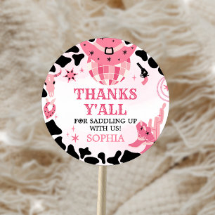 Pegatina Redonda Cowgirl Disco Birday Party