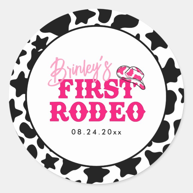 Pegatina Redonda Cowgirl Disco Pink First Rodeo (Anverso)