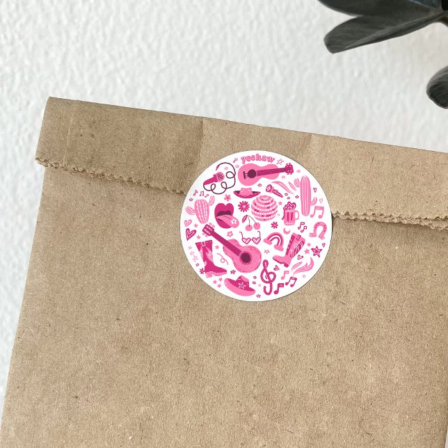 Pegatina Redonda Cowgirl Disco Rodeo (Retro Cowgirl stickers, pink)