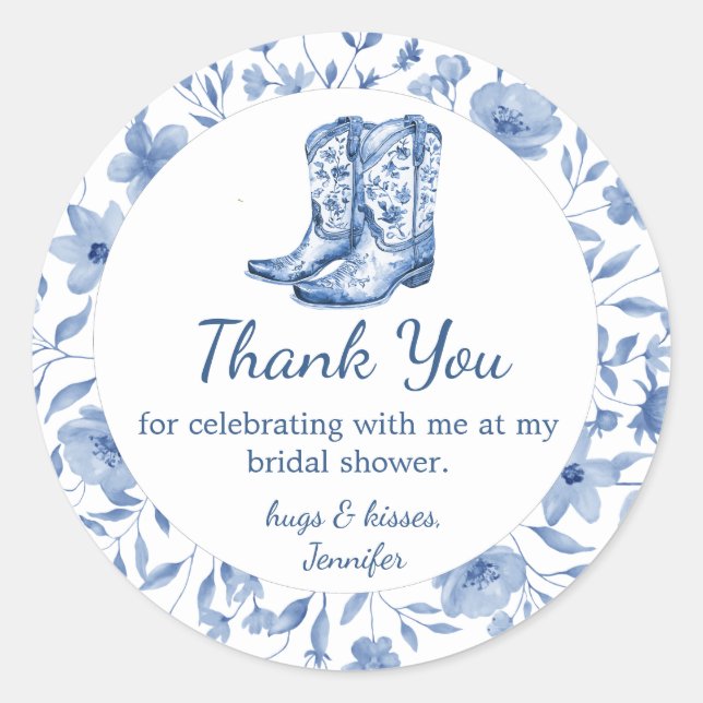 Pegatina Redonda  Cowgirl Floral Bridal Shower thank you blue chic (Anverso)