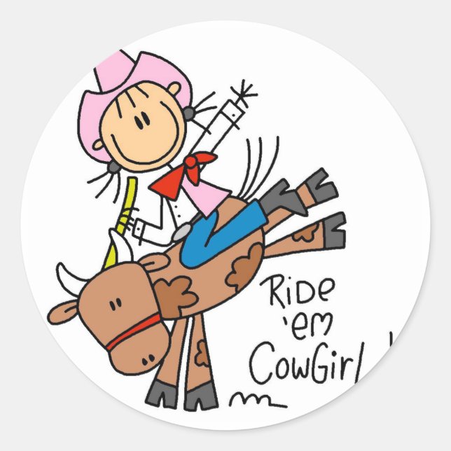 Pegatina Redonda Cowgirl Riding Bull Tshirts y regalos (Anverso)