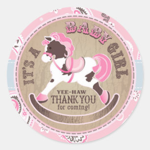 Pegatina Redonda Cowgirl Rocking Horse Western Baby Shower