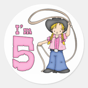 Pegatina Redonda Cowgirl Roper 5º cumpleaños