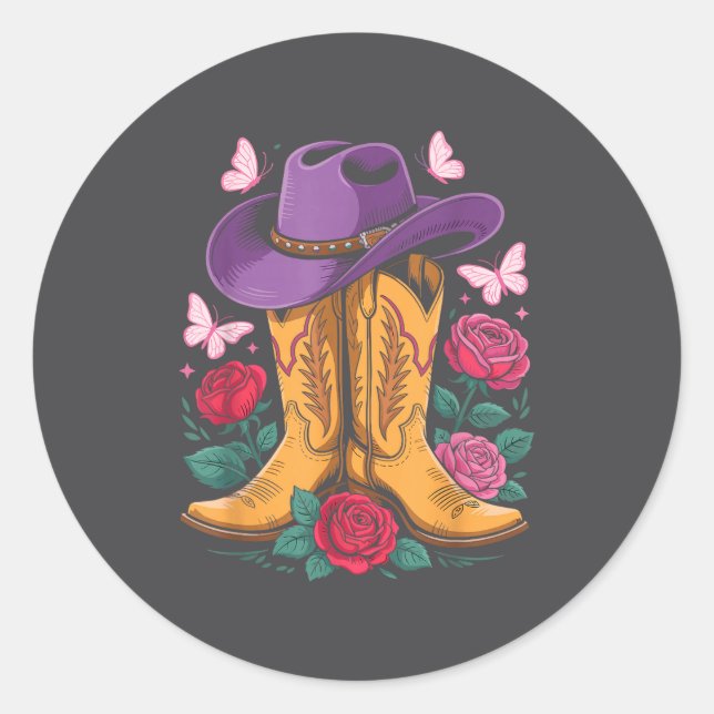 Pegatina Redonda Cowgirl Western Cowboy Hat Boots With Roses Countr (Anverso)