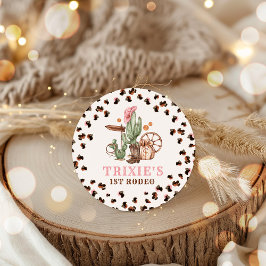 Pegatina Redonda Cowgirl Wild West Primera fiesta de cumpleaños de 