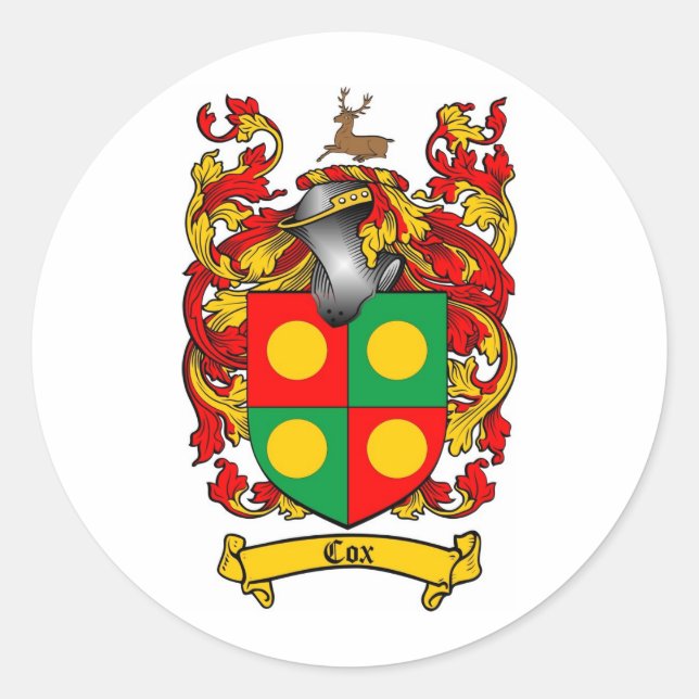 PEGATINA REDONDA COX FAMILIARES CREST - COX COAT OF ARMS (Anverso)