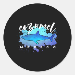 Pegatina Redonda Cozumel México Buceador de Tiburones Scu Vacacione