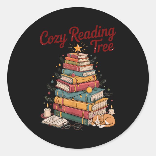 Pegatina Redonda Cozy Christmas Reading Tree Cat Candle Stack Booki (Anverso)