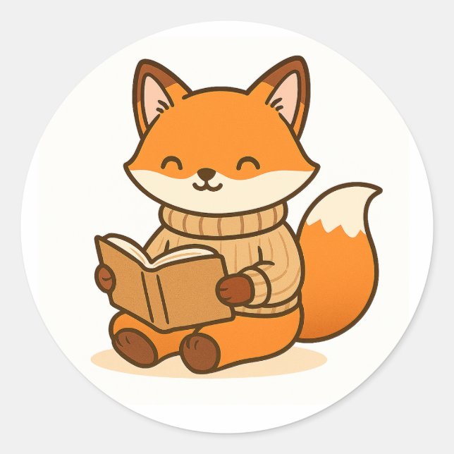 Pegatina Redonda Cozy Fox Reading a Book (Glossy White Background)  (Anverso)