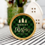 Pegatina Redonda Cozy Plaid | Green and Black Buffalo Plaid<br><div class="desc">Show off your Christmas spirit with rustic holiday stickers. The Cozy Plaid stickers feature a green and black buffalo plaid pattern background, faux gold foil graphics and text that say "Merry Christmas", and your custom text below. The Christmas stickers are perfect to use as envelope seals, party favors, and more....</div>