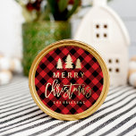 Pegatina Redonda Cozy Plaid | Red and Black Buffalo Plaid<br><div class="desc">Show off your Christmas spirit with rustic holiday stickers. The Cozy Plaid stickers feature a red and black buffalo plaid pattern background, faux gold foil graphics and text that say "Merry Christmas", and your custom text below. The Christmas stickers are perfect to use as envelope seals, party favors, and more....</div>