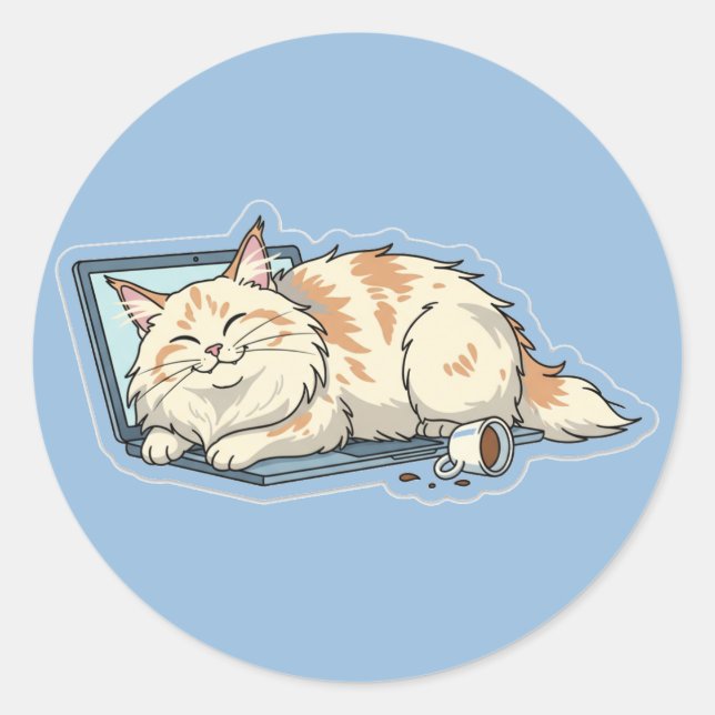 Pegatina Redonda Cozy Sleeping Cat on Laptop | Funny Tech Lover  (Anverso)
