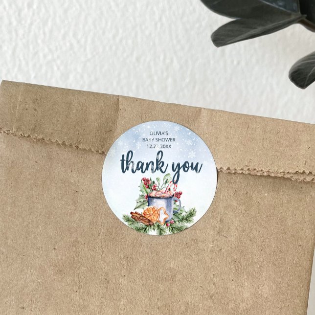 Pegatina Redonda Cozy Winter Hot Cocoa Snowly Baby Shower gracias (Subido por el creador)