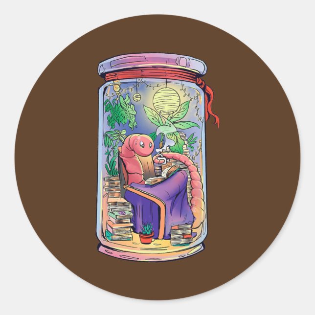 Pegatina Redonda Cozy Worm Reading Books Jar Home Chill  (Anverso)