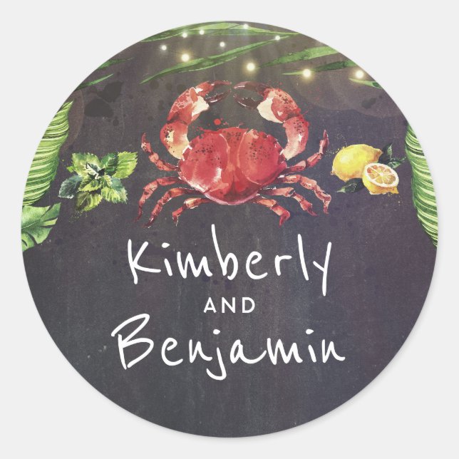 Pegatina Redonda Crab Beach Tropical Palm String Lights (Anverso)