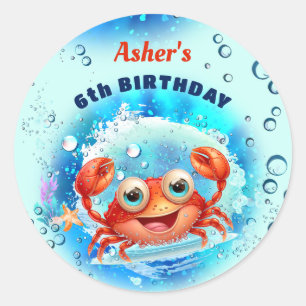 Pegatina Redonda Crab Blue Birday Pool Fiesta Niño Personalizado Ed
