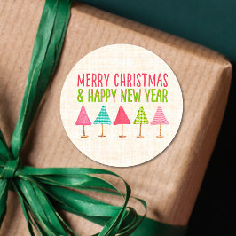 Pegatina Redonda Crafted Christmas Trees, Pink Red Green Linen