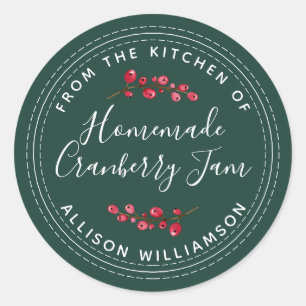 Pegatina Redonda Cranberry Jam casero navidades puede oscuro verde