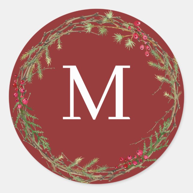 Pegatina Redonda Cranberry Red Rustic Christmas Wreath Monogram (Anverso)
