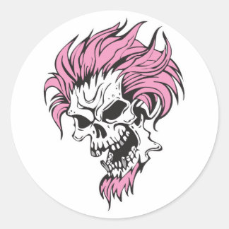 Pegatina Redonda cráneo con cabello rosa loco