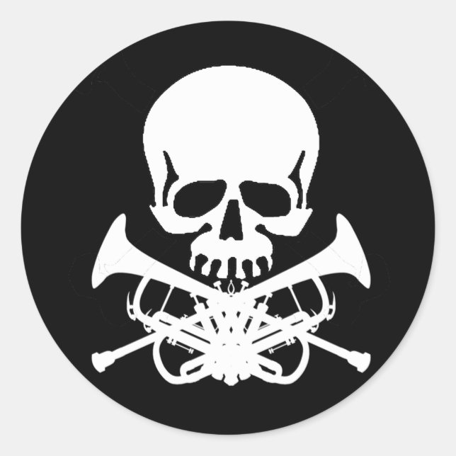 Pegatina Redonda Cráneo con las trompetas como bandera pirata (Anverso)