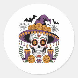 Pegatina Redonda Cráneo con vector de Halloween Gorra Brujero