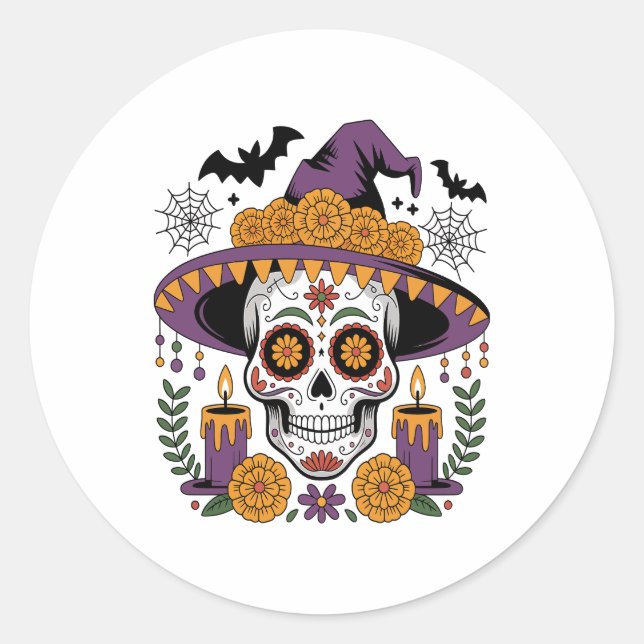 Pegatina Redonda Cráneo con vector de Halloween Gorra Brujero (Anverso)