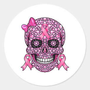 Pegatina Redonda Cráneo de azúcar Cinta rosa Sensibilización sobre
