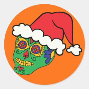 Pegatina Redonda Cráneo de azúcar de Navidad