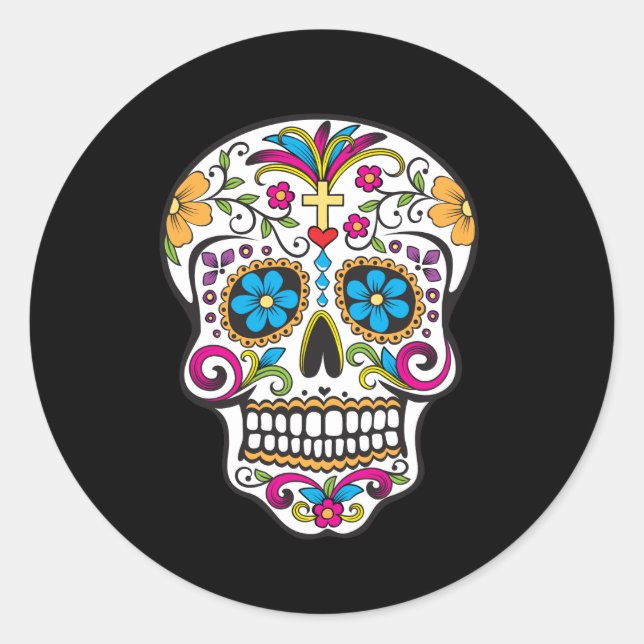 Pegatina Redonda Cráneo de azúcar lindo feliz día de los muertos (Anverso)