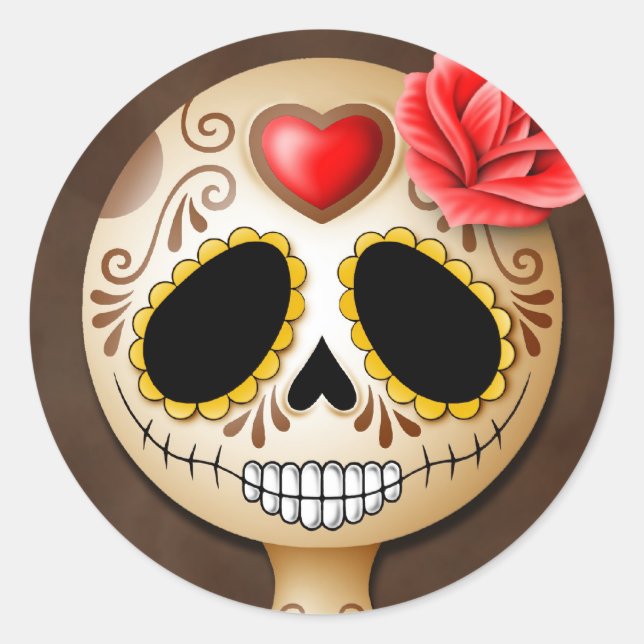 Pegatina Redonda Cráneo de azúcar marrón (Anverso)