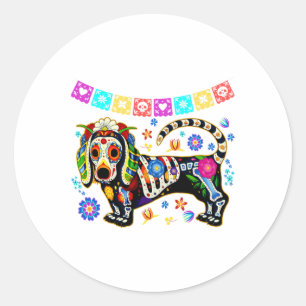 Pegatina Redonda Cráneo de azúcar mexicano Dachshund Bone Halloween