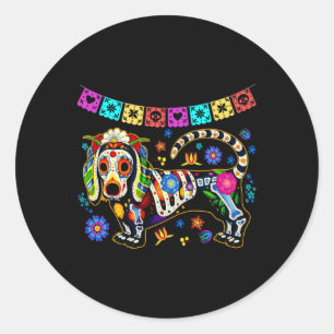 Pegatina Redonda Cráneo de azúcar mexicano Dachshund Bone Halloween