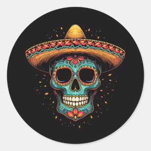 Pegatina Redonda Cráneo de azúcar mexicano Sombrero - Día de los Mu